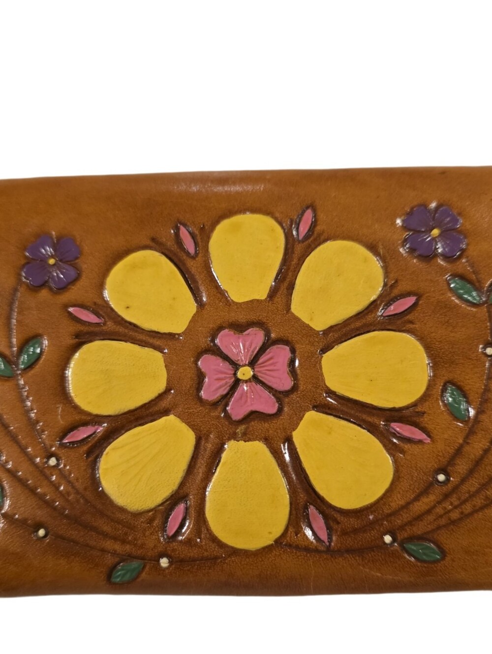Vintage Brown Leather Wallet with Multicolor Floral Appliqué - Picture 10 of 14